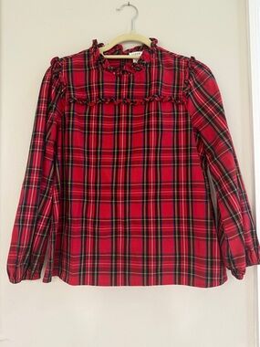 J. Crew Red Plaid Ruffle Yoke Long-Sleeve Tee